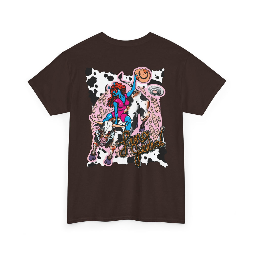 'Cryptid Cowgirl' (Alternate Pink)  Graphic Tee — Retro Rodeo Alien Shirt