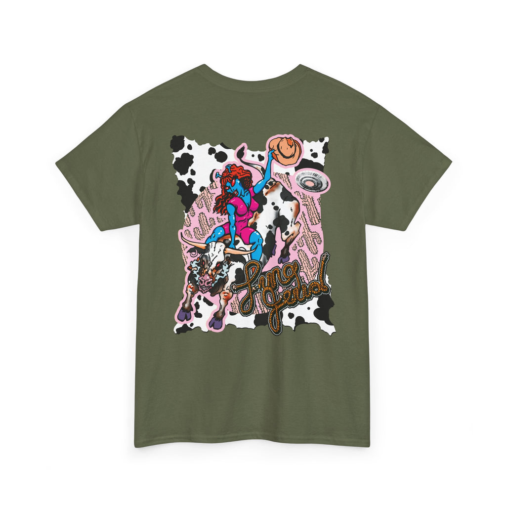 'Cryptid Cowgirl' (Alternate Pink)  Graphic Tee — Retro Rodeo Alien Shirt